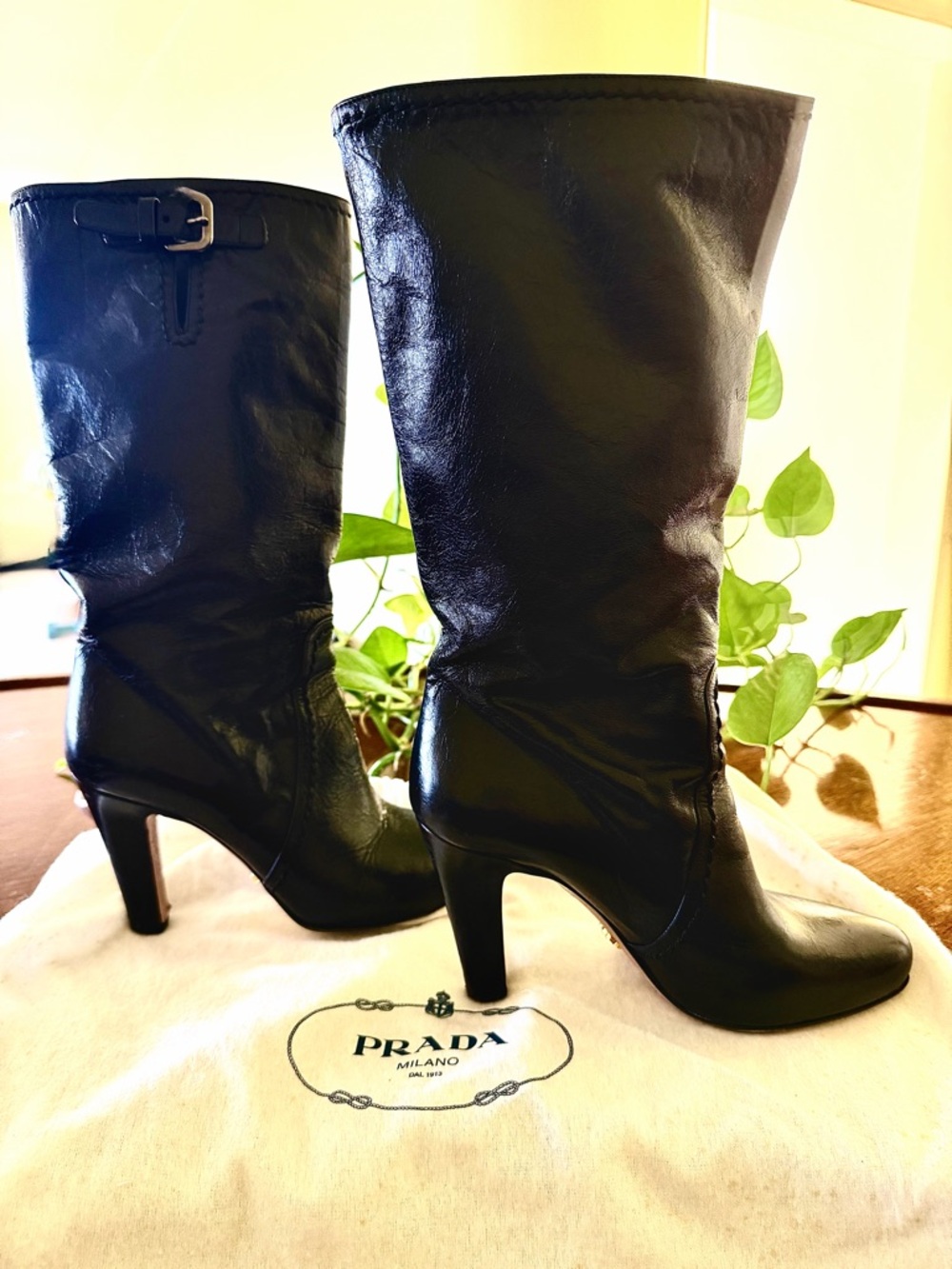 Prada Black Leather Mid-Calf Heel Boots with Buckle Detail